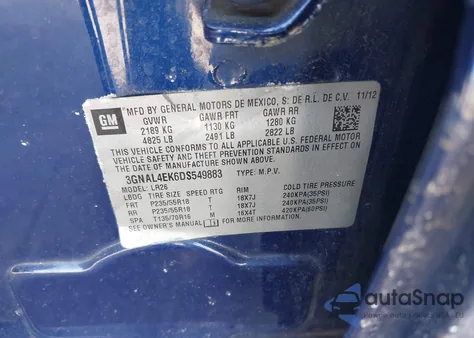 2013 Chevrolet Captiva Sport Ltz z USA, uszkodzony, nr VIN 3GNAL4EK6DS549883